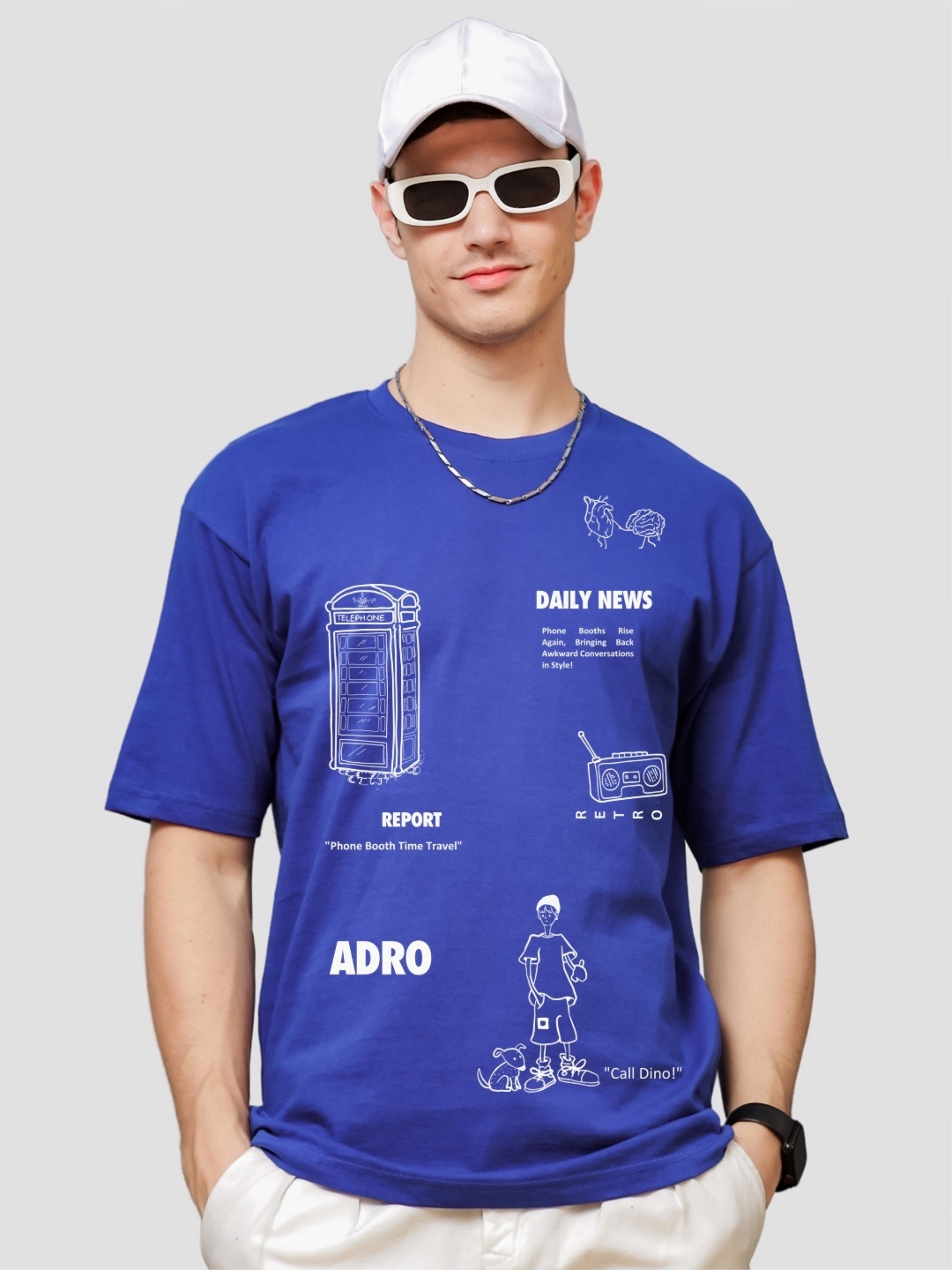 

ADRO Men Graphic Printed Drop-Shoulder Sleeves Cotton Oversized T-Shirt, Blue