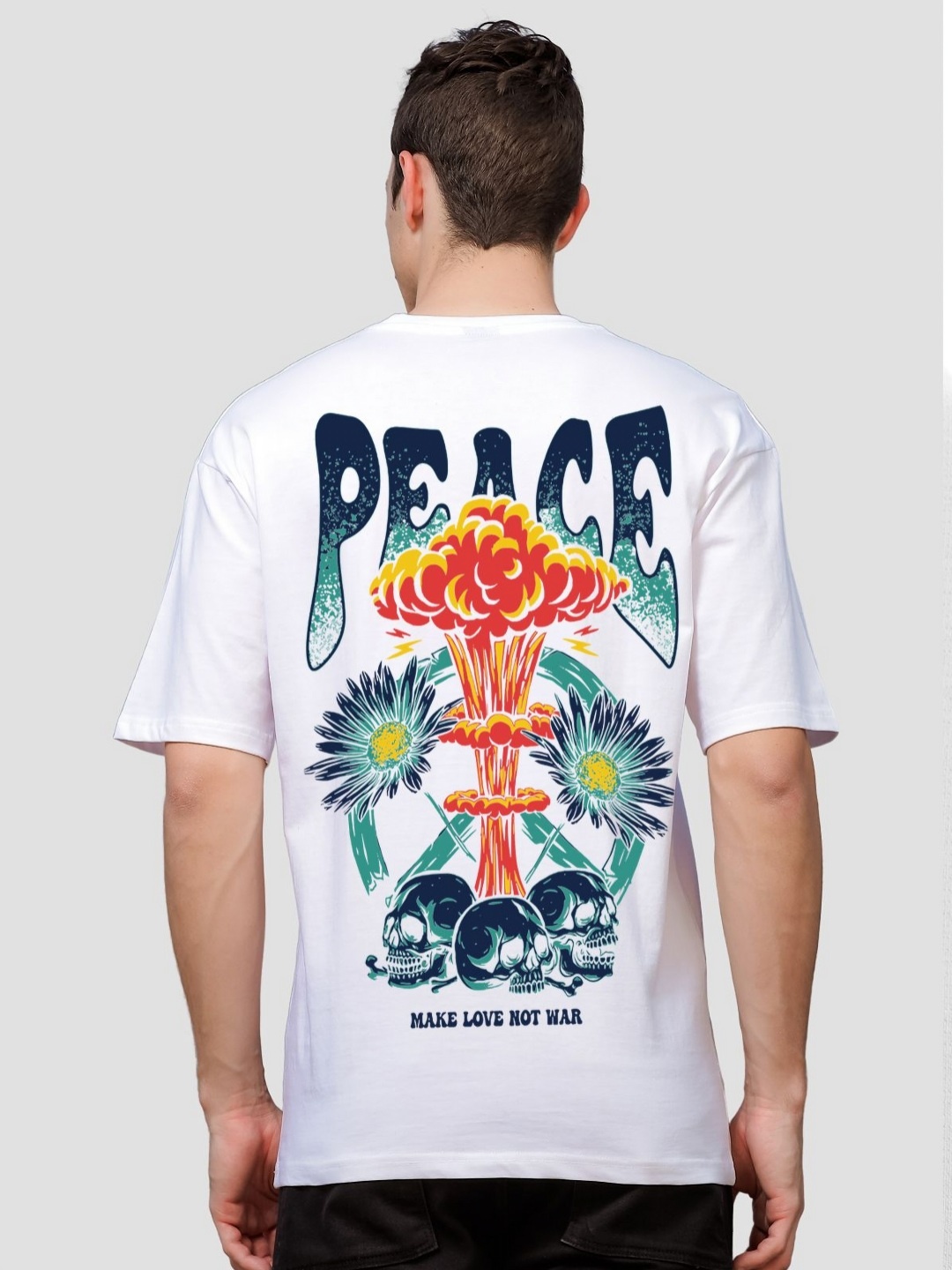 

ADRO Men Graphic Printed Drop-Shoulder Sleeves Cotton Oversized T-Shirt, White