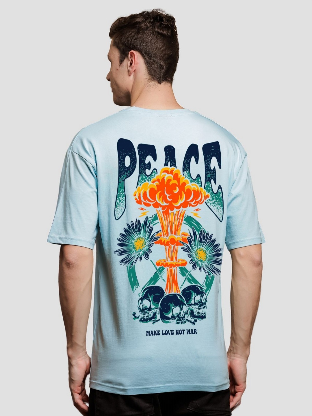 

ADRO Men Graphic Printed Drop-Shoulder Sleeves Cotton Oversized T-Shirt, Blue