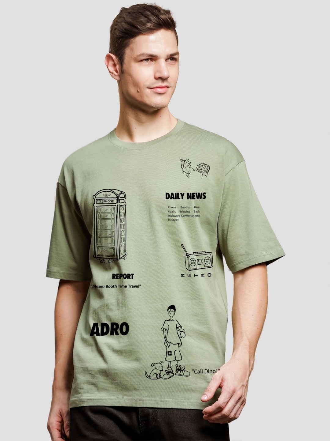 

ADRO Men Graphic Printed Drop-Shoulder Sleeves Cotton Oversized T-shirt, Olive