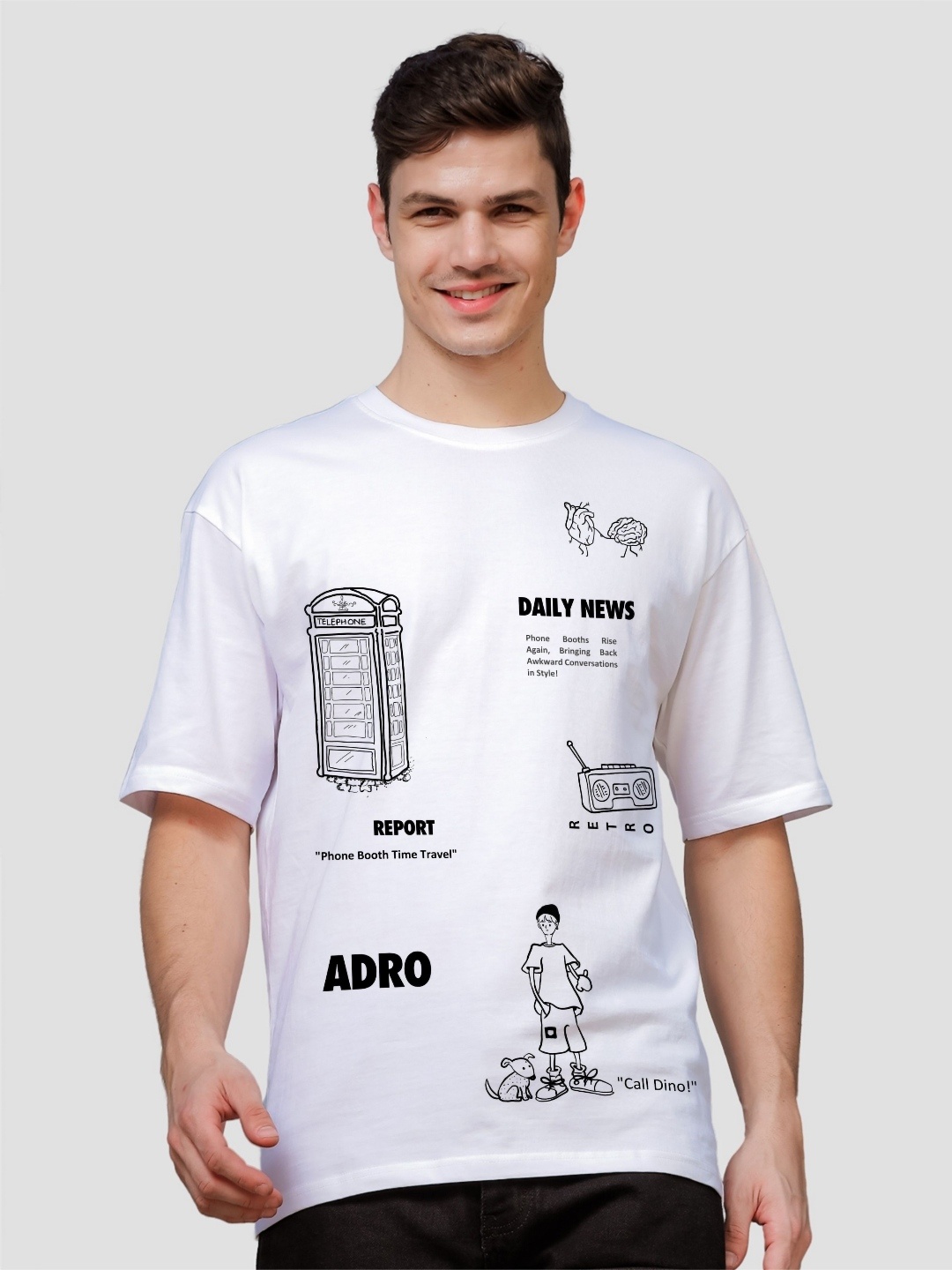

ADRO Men Graphic Printed Round Neck Cotton Oversized T-Shirt, White