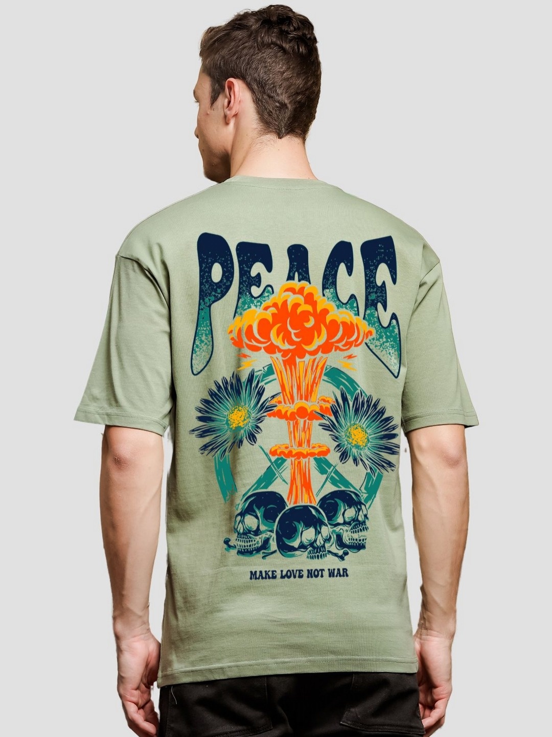 ADRO Men Graphic Printed Drop-Shoulder Sleeves Cotton Oversized T-Shirt, Olive