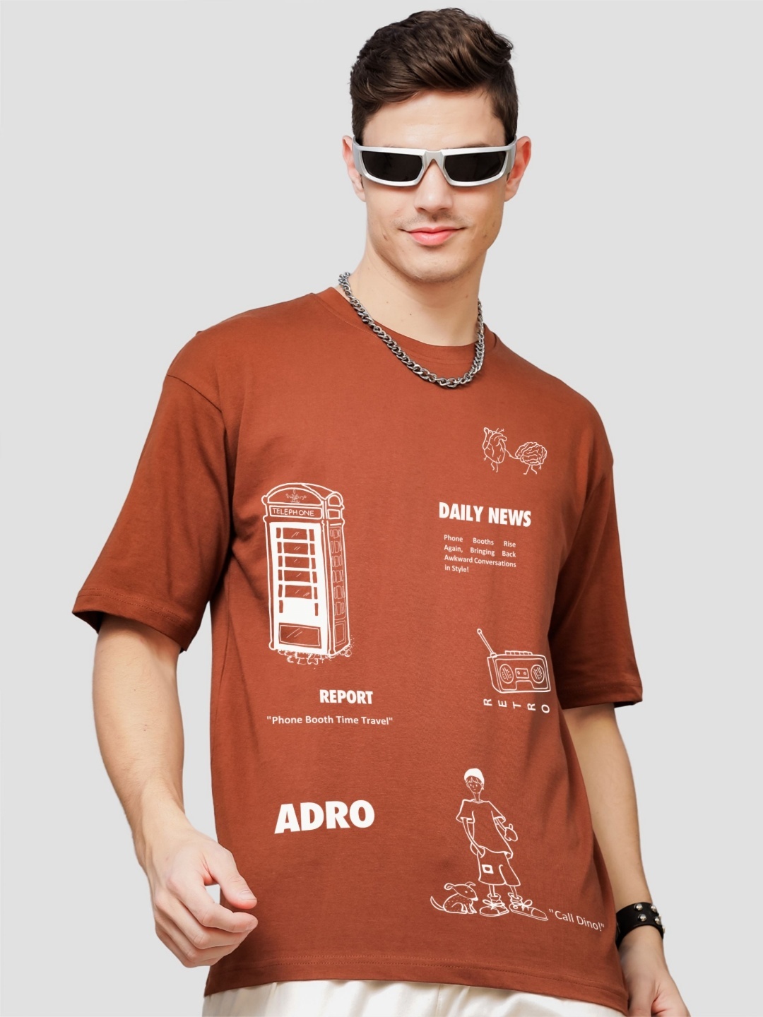 

ADRO Men Graphic Printed Drop-Shoulder Sleeves Cotton Oversized T-Shirt, Brown