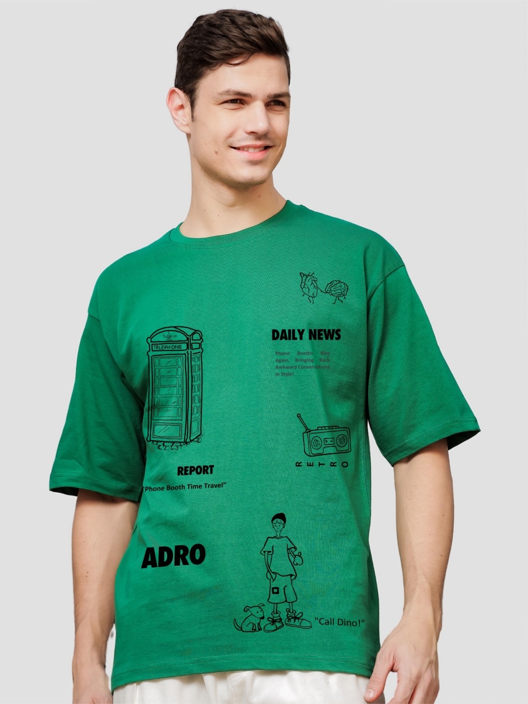 

ADRO Men Graphic Printed Round Neck Cotton Oversized T-Shirt, Green