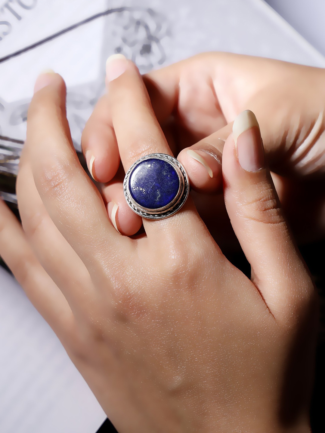 

Exotic India Sterling Silver Lapis Lazuli Gemstone Studded Circular Finger Ring