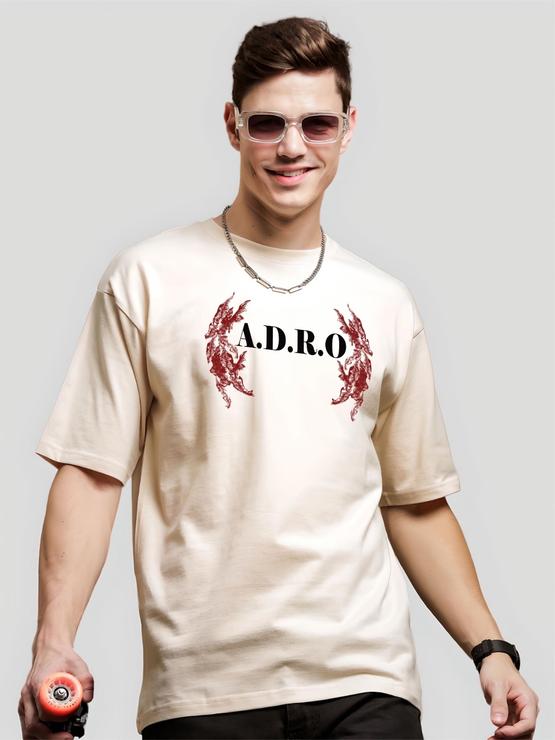 

ADRO Men Graphic Printed Drop-Shoulder Sleeves Cotton Oversized T-Shirt, Beige