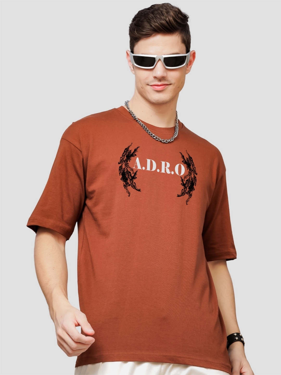 

ADRO Men Graphic Printed Drop-Shoulder Sleeves Cotton Oversized T-Shirt, Brown