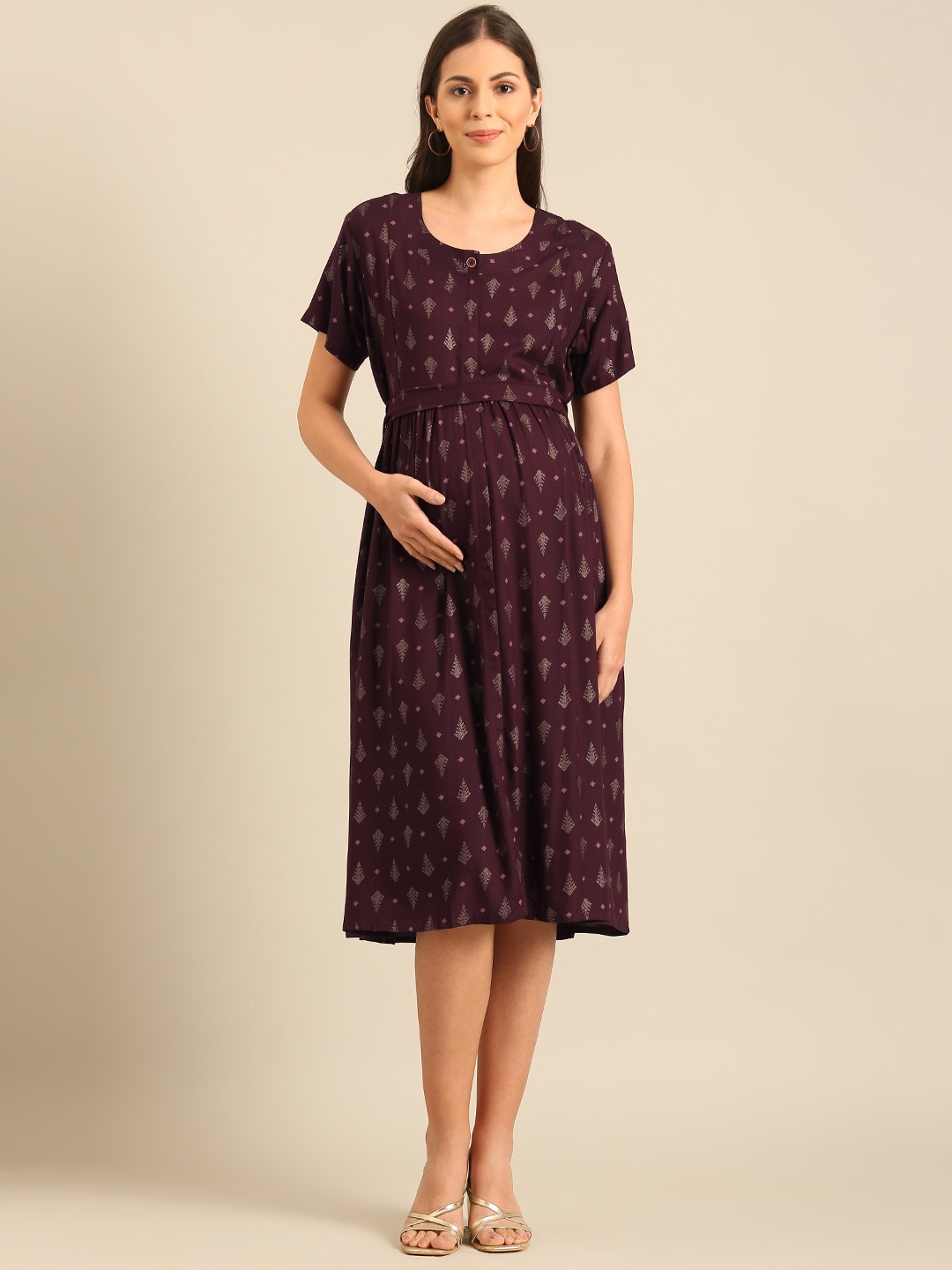 

NIGHTSPREE Ethnic Motifs Print Maternity Fit & Flare Dress, Maroon