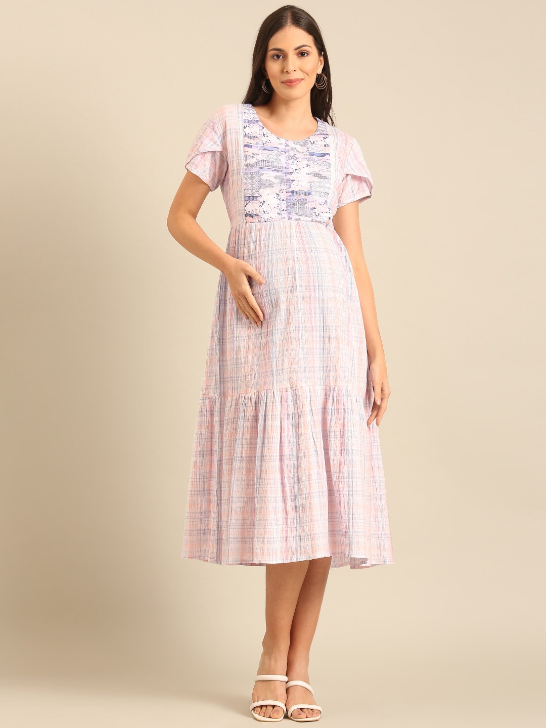 

NIGHTSPREE Checked Maternity Fit & Flare Dress, Peach