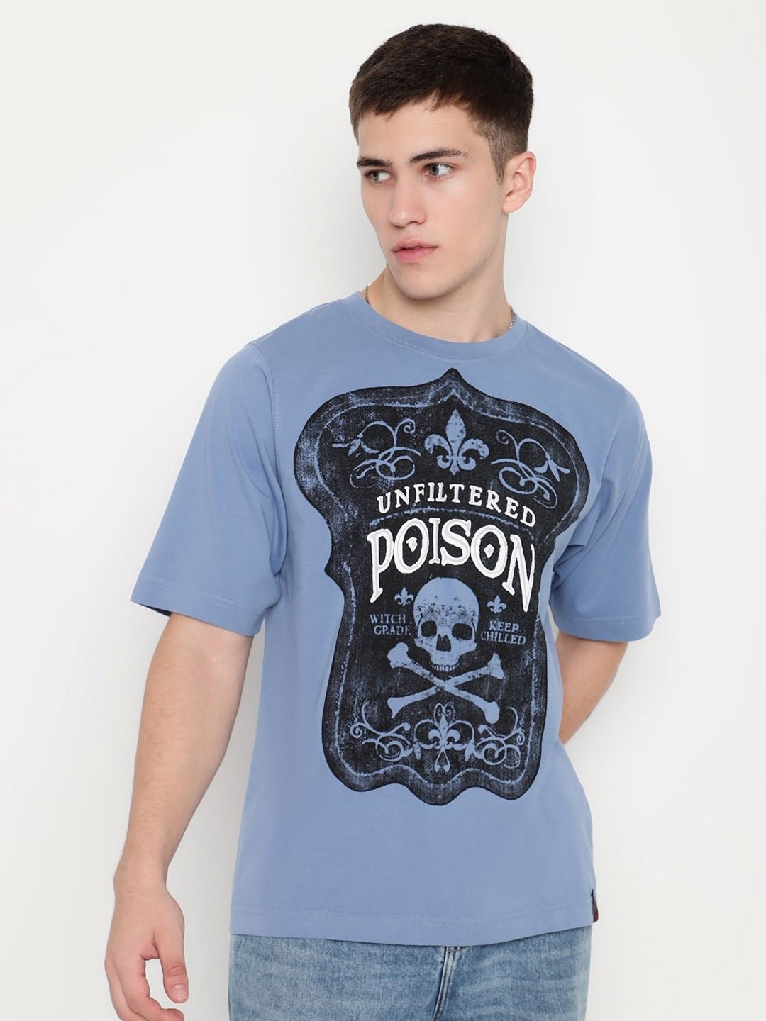 

PUNK Men Printed Round Neck Cotton Oversized Tshirt, Blue