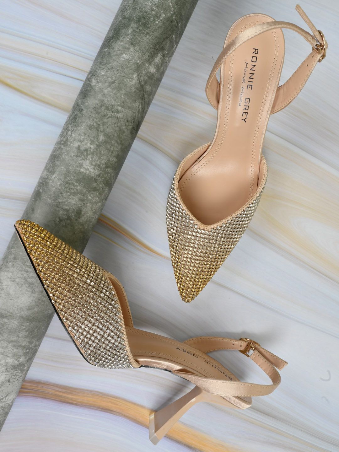 

Ronnie Grey Embellished PU Party Block Heels Pumps, Gold