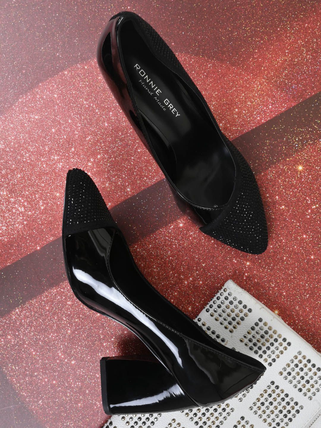 

Ronnie Grey Embellished PU Party Block Pumps, Black
