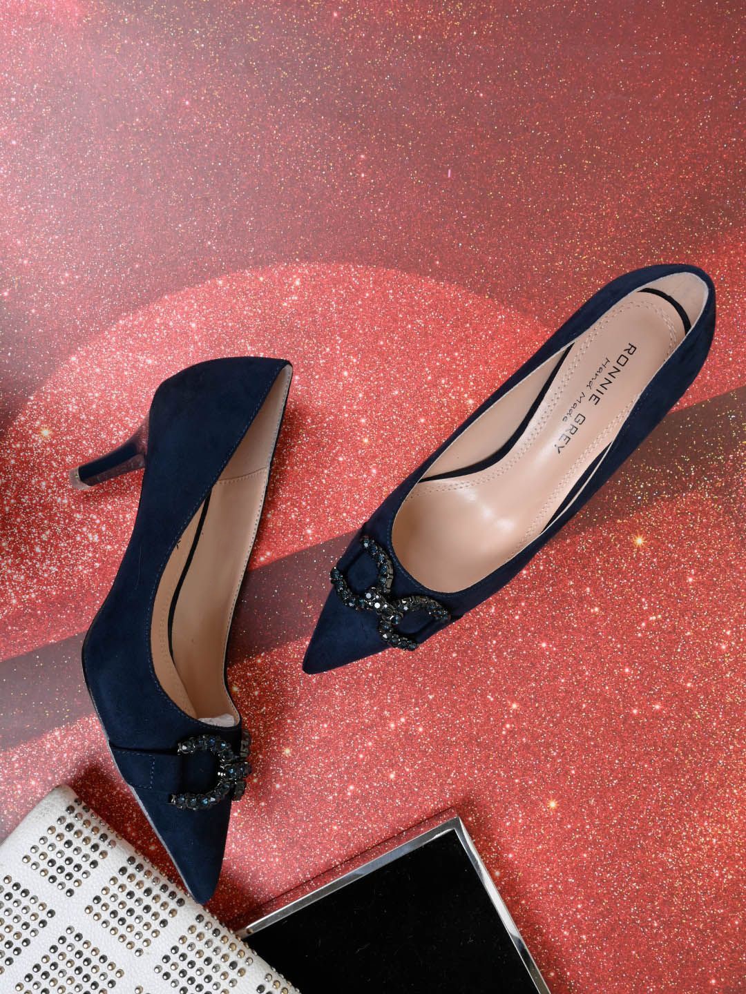 

Ronnie Grey Women Embellished PU Block Pumps, Navy blue