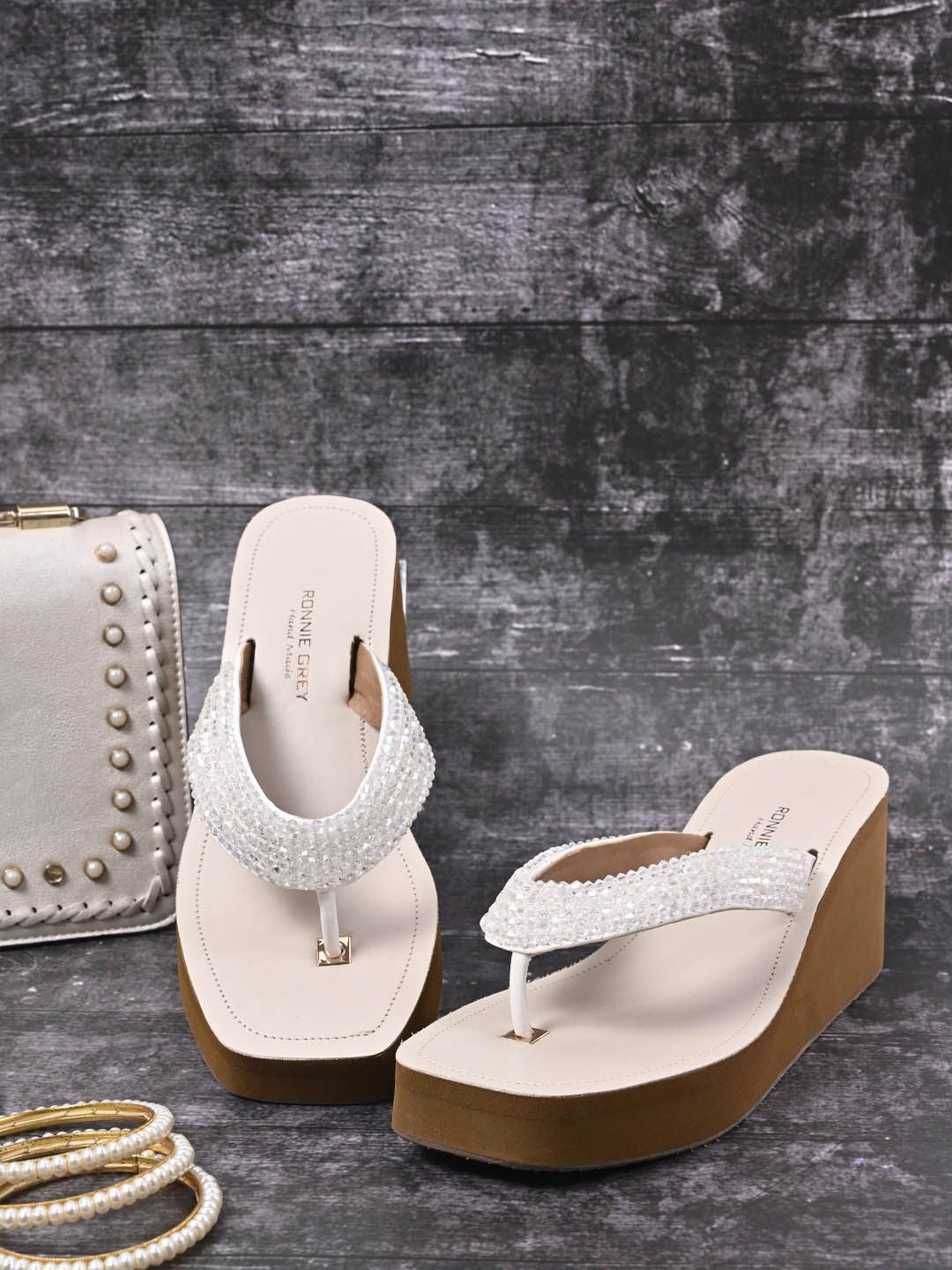 

Ronnie Grey Embellished Ethnic Wedge Sandals, White