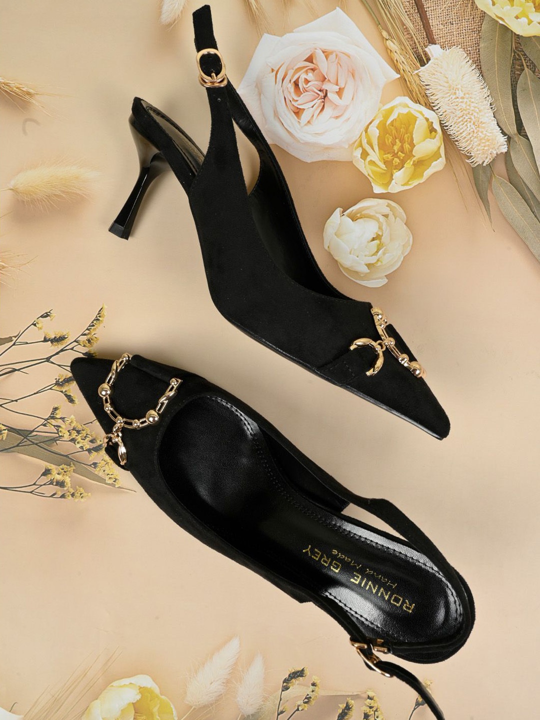 

Ronnie Grey Women Embellished Pointed Toe PU Kitten Heels Pumps, Black