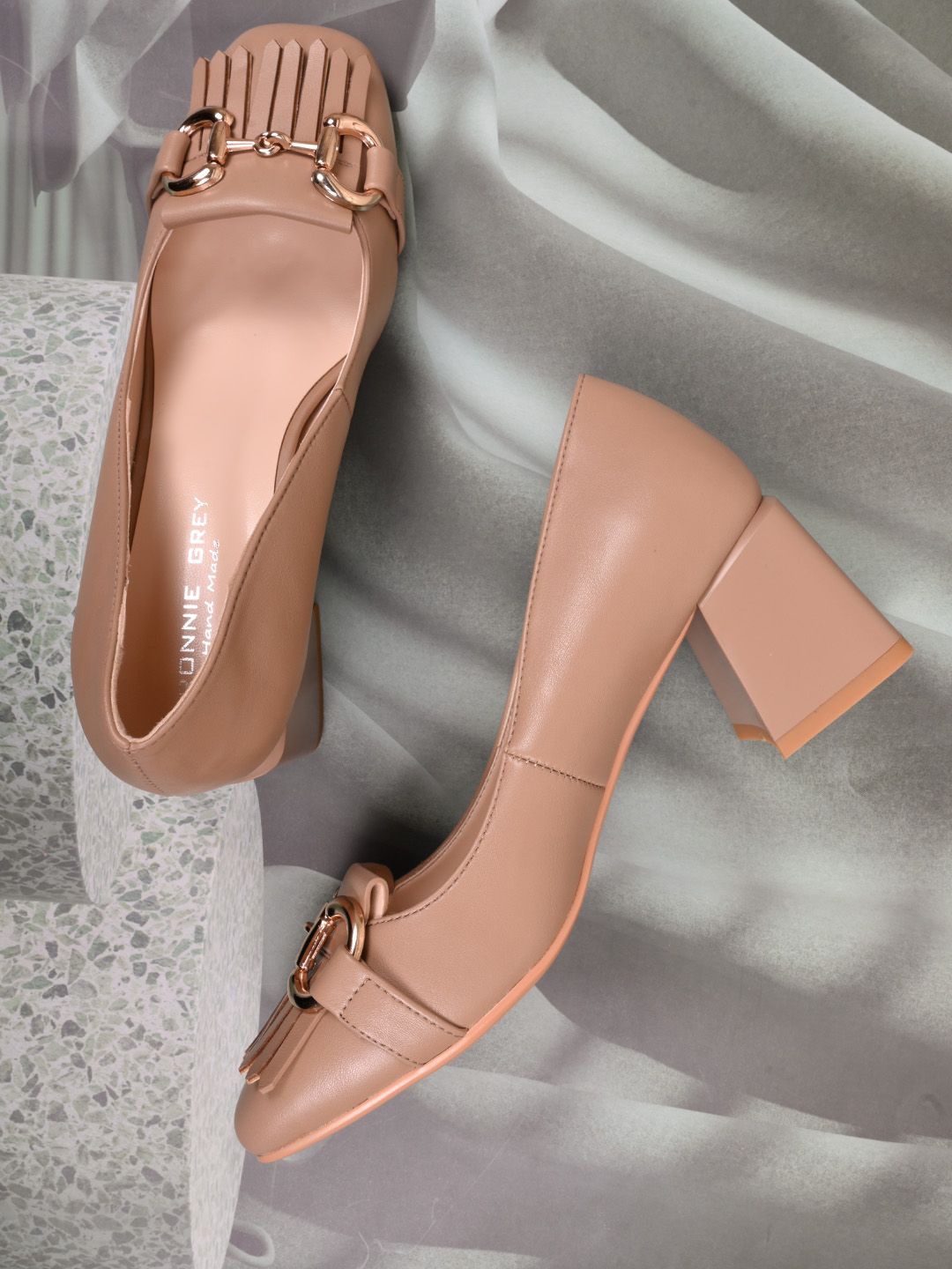 

Ronnie Grey Women Printed PU Block Pumps, Beige