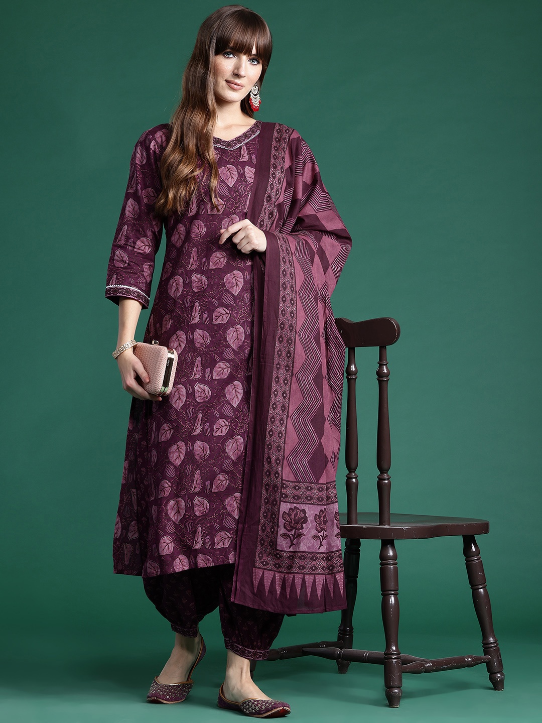 

Indo Era Floral Printed Gotta Patti Pure Cotton Kurta With Salwar & Dupatta, Burgundy