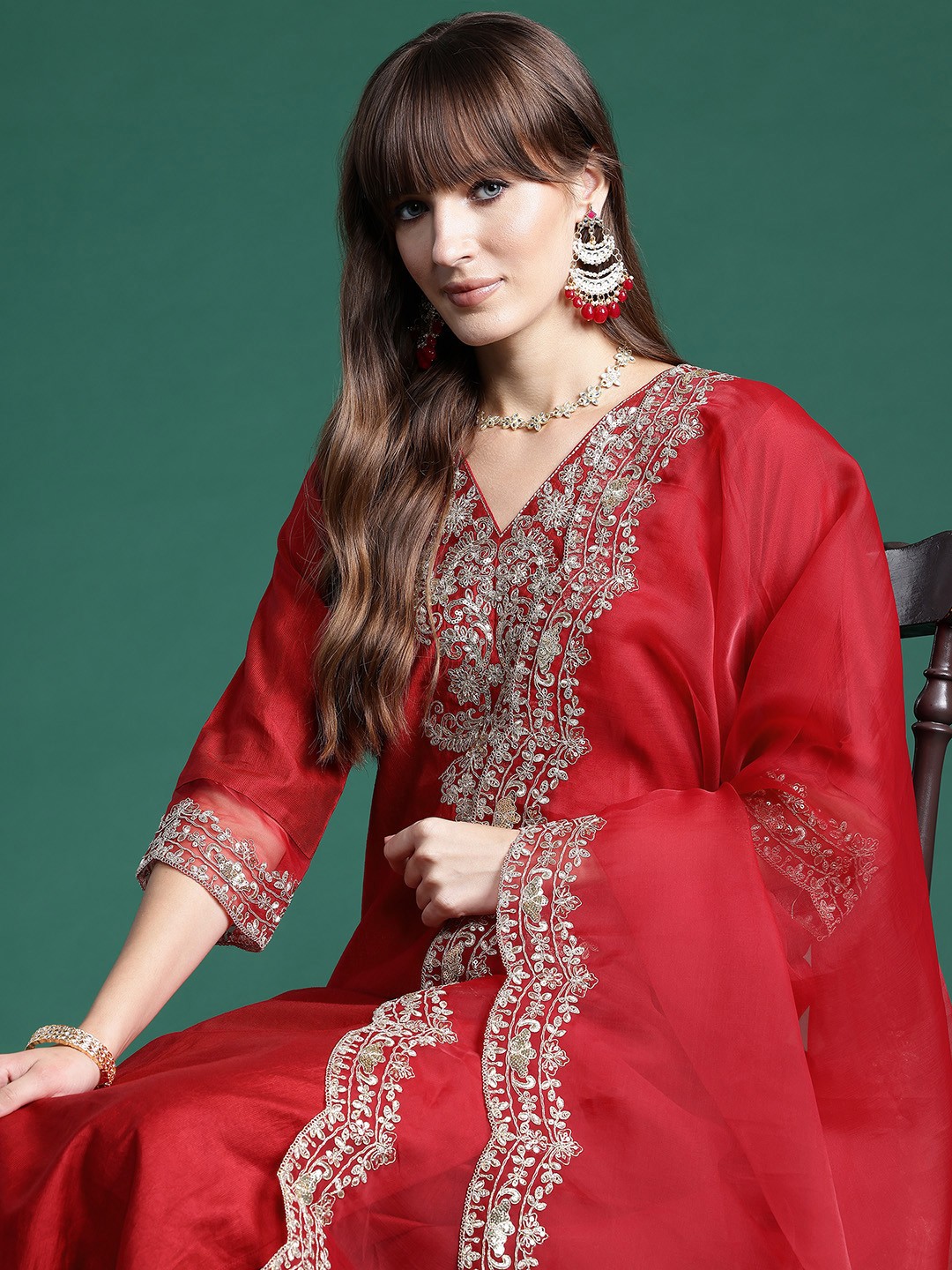 

Indo Era Ethnic Motifs Embroidered Regular Liva Kurta With Trousers & Dupatta, Red