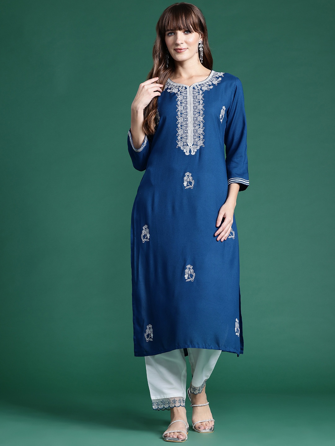 

Indo Era Women Ethnic Motifs Embroidered Thread Work Indigo Kurta, Teal