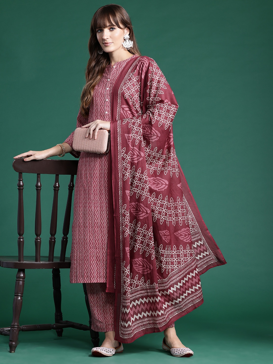 

Indo Era Chevron Printed Pure Cotton Kurta With Trousers & Dupatta, Pink