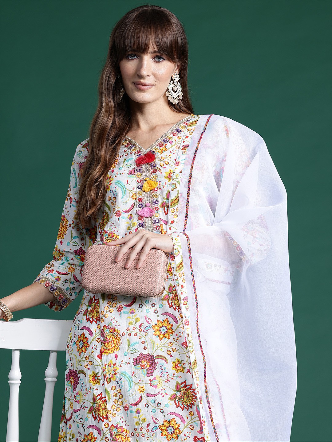 

Indo Era Floral Printed Sequinned Pure Cotton Kurta With Trousers & Dupatta, Off white