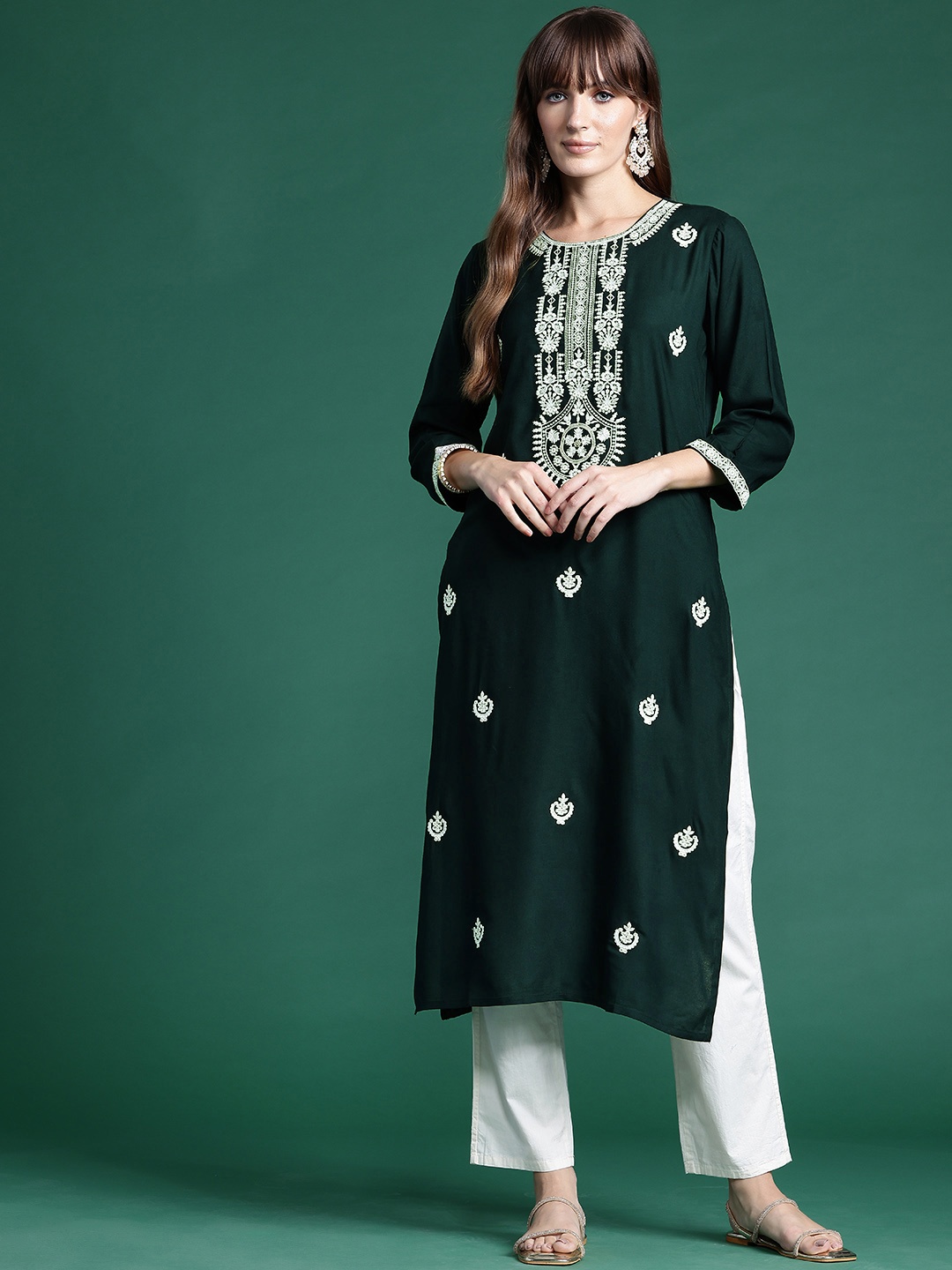 

Indo Era Women Ethnic Motifs Embroidered Thread Work Kurta, Green