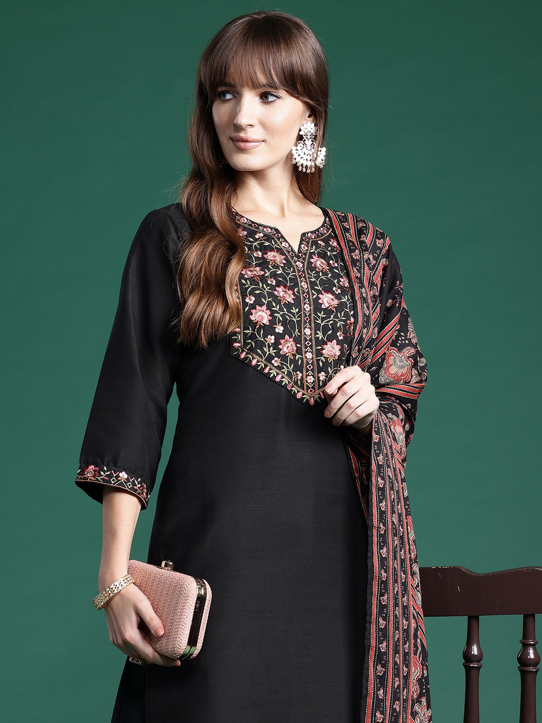 

Indo Era Floral Yoke Design Thread Work Kurta With Trousers & Dupatta, Black