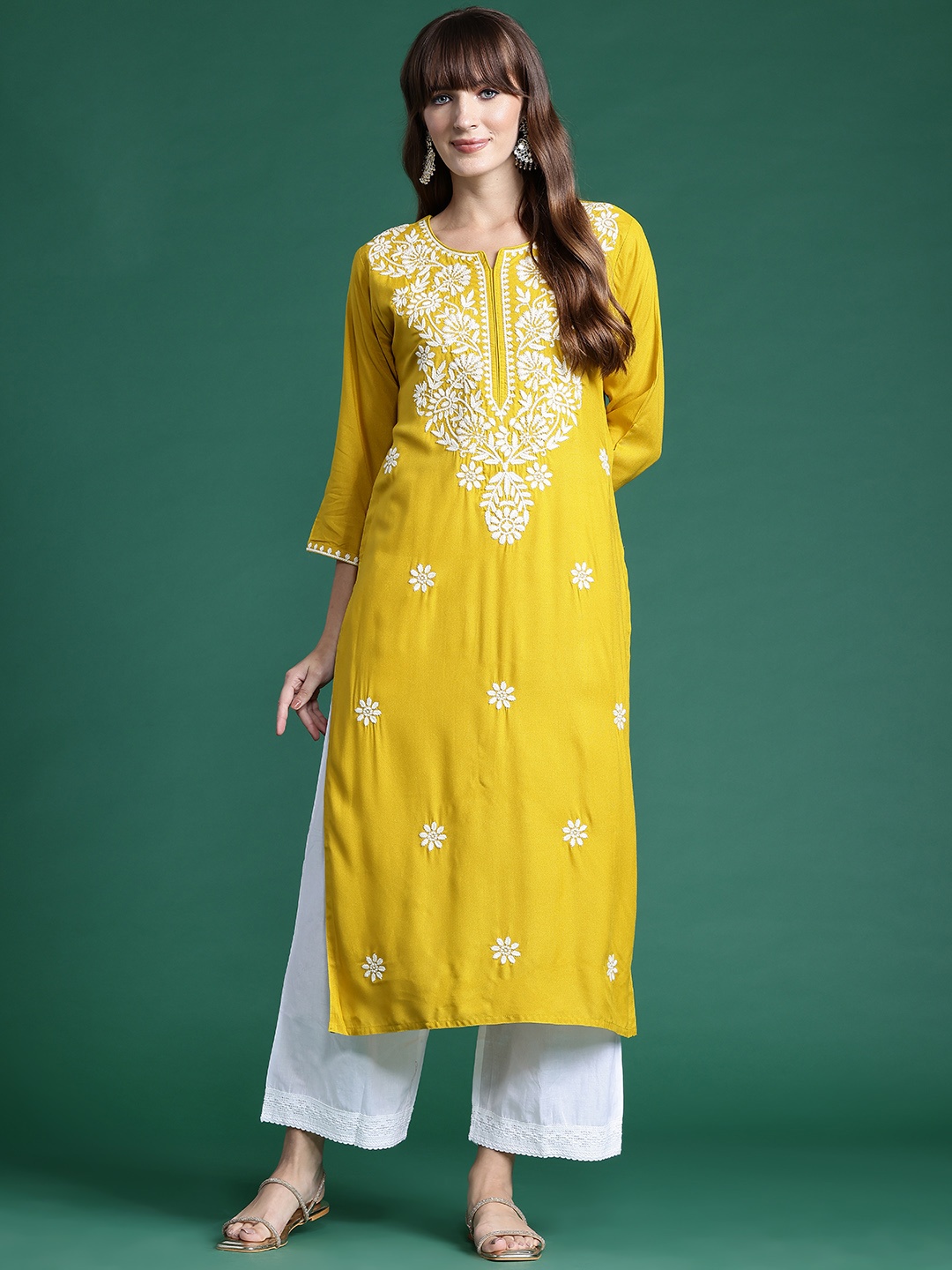 

Indo Era Floral Embroidered Thread Work Kurta, Yellow