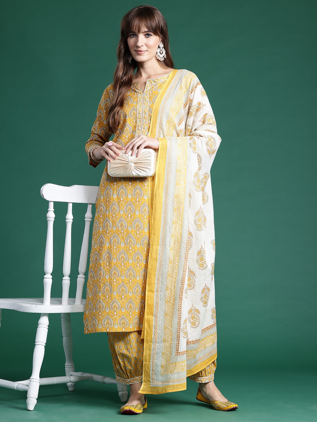 

Indo Era Ethnic Motifs Printed Pure Cotton Kurta With Salwar & Dupatta, Yellow