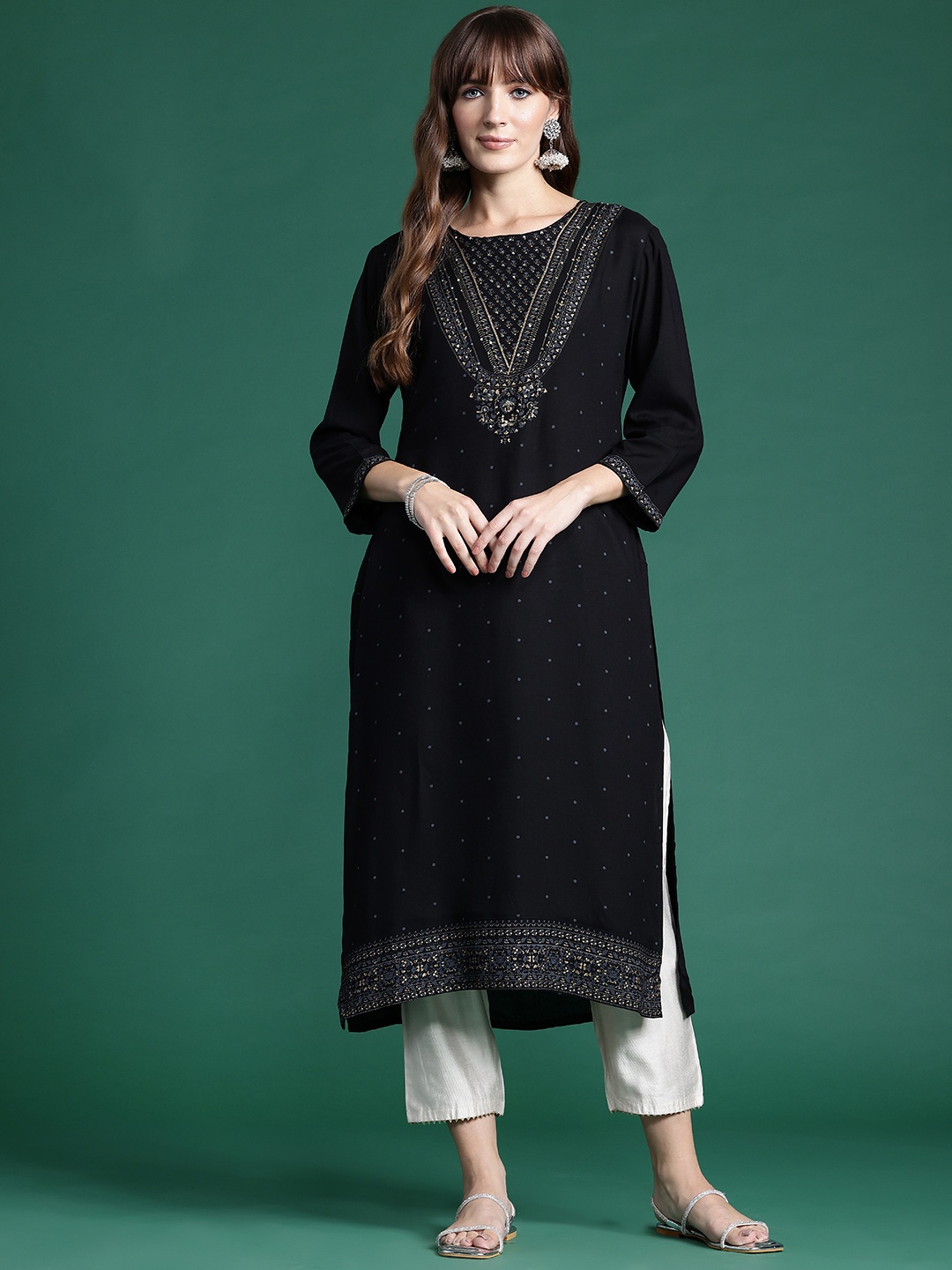 

Indo Era Foil Printed Sequinned Kurta, Black