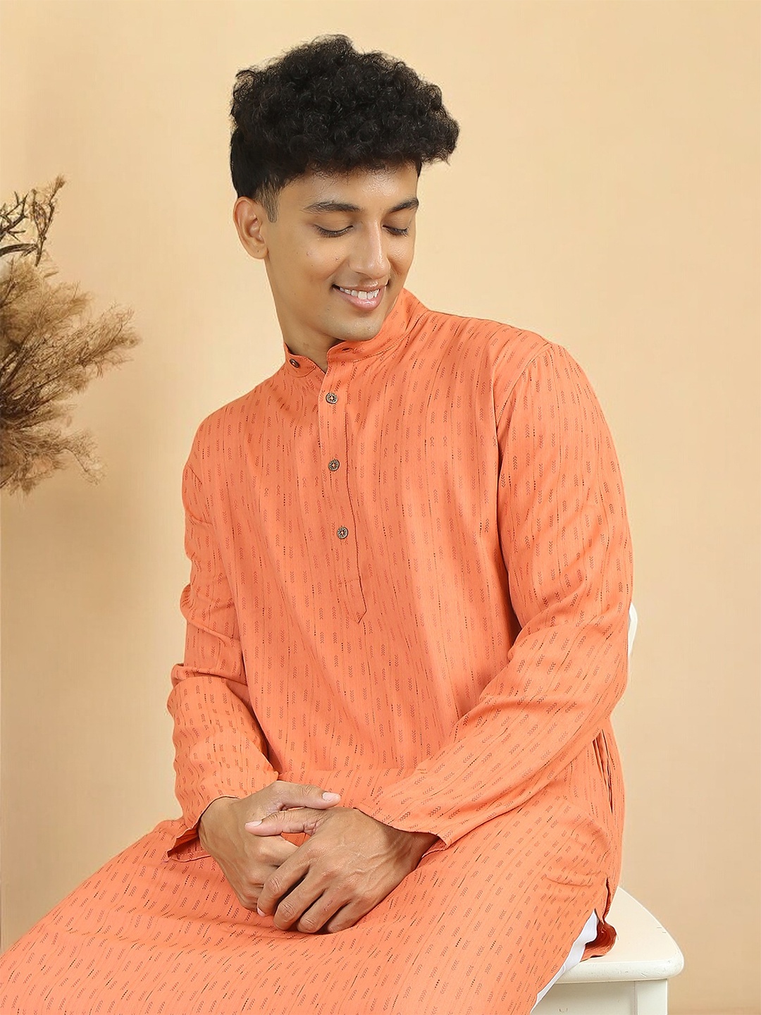 

TATTVA Geometric Printed Thread Work Pure Cotton Kurta with Pyjamas, Orange