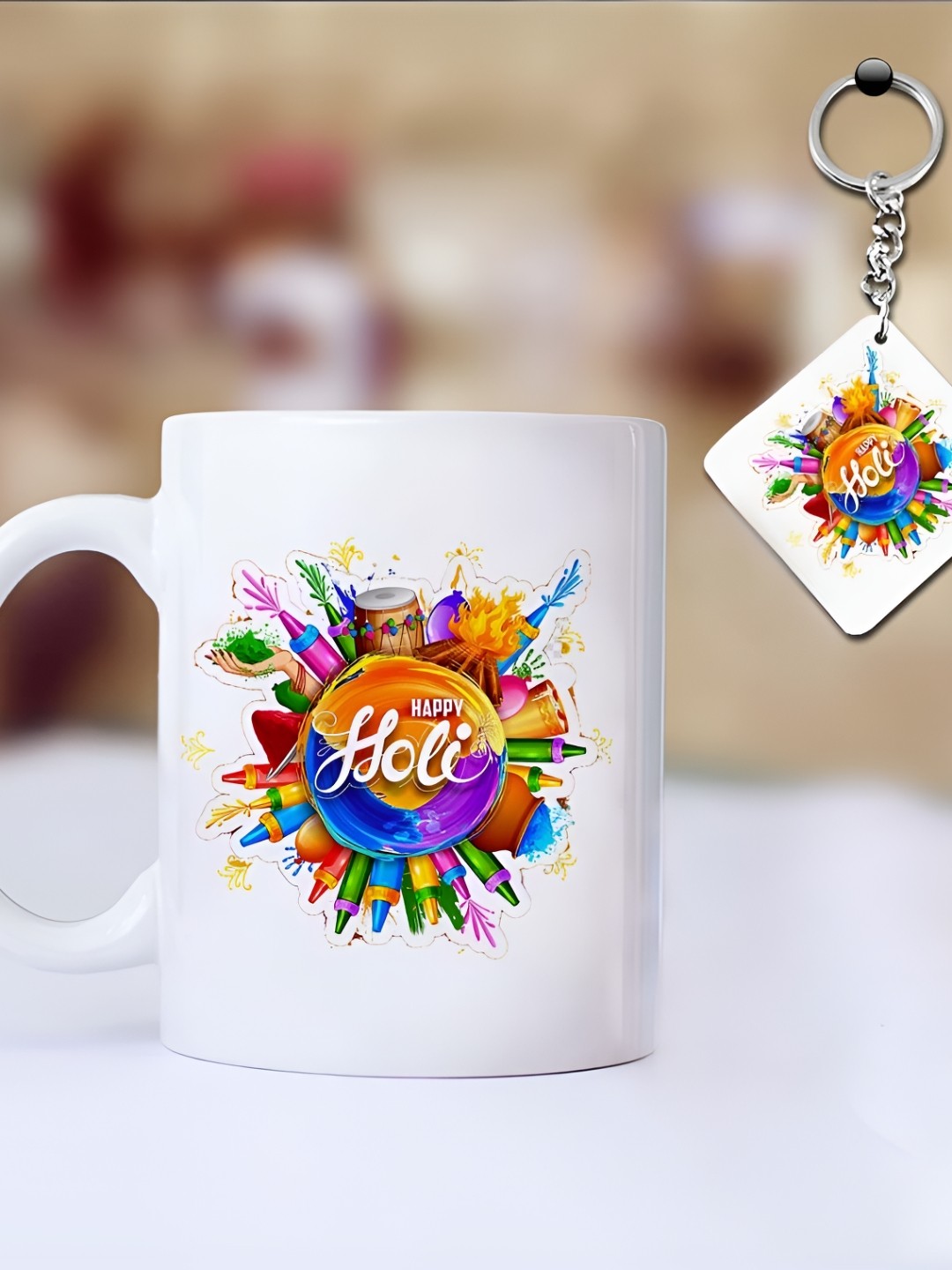 

MOTIVATE BOX White & Blue 2 Pieces Printed Ceramic Glossy Mug With Keychain