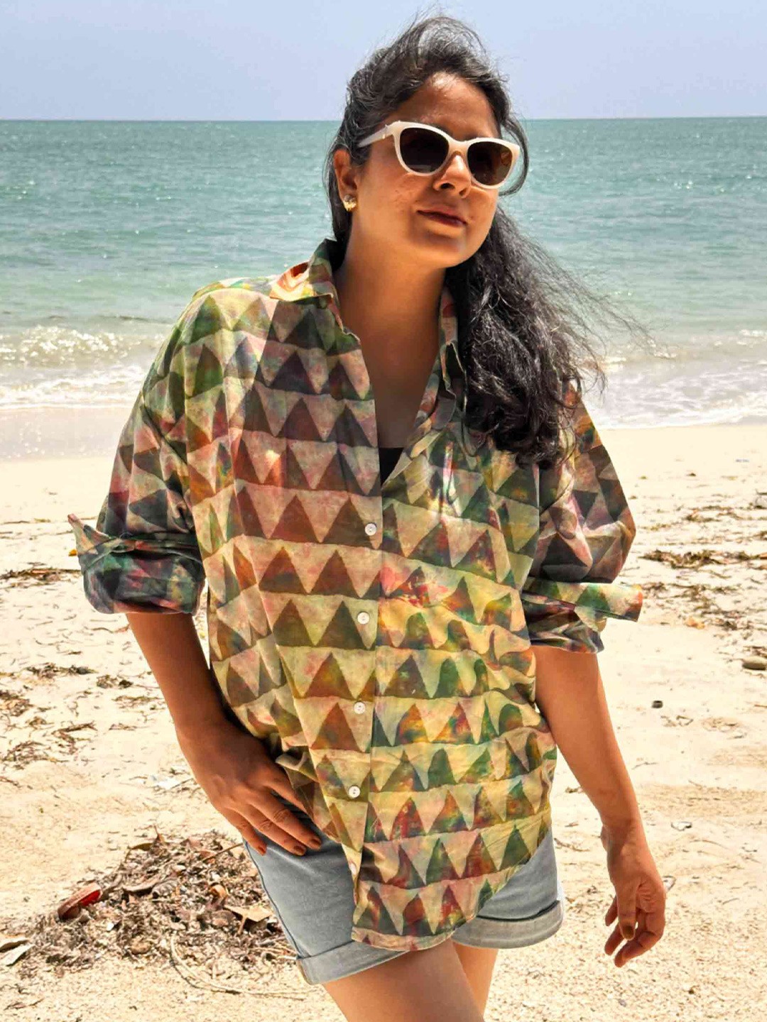 

Sundarii Women Spread Collar Geometric Printed Cotton Oversized Casual Shirt, Multi