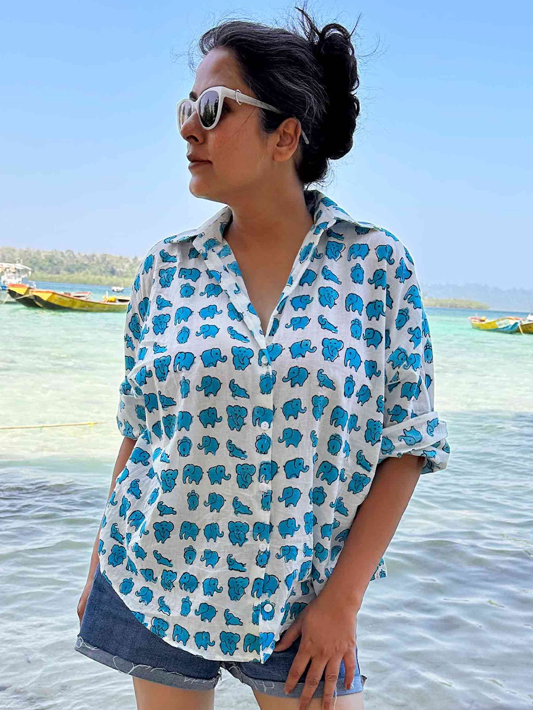 

Sundarii Women Spread Collar Floral Printed Cotton Oversized Casual Shirt, White
