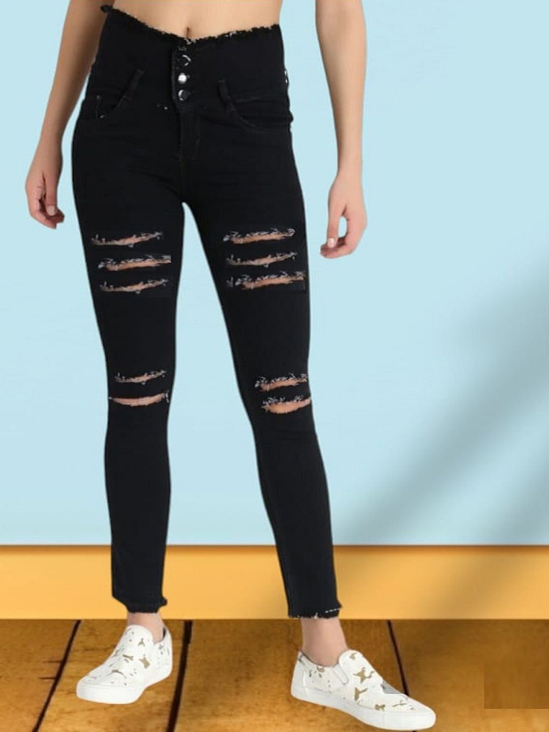 

Perfect Outlet Women High-Rise Highly Distressed Denim Jeans, Black