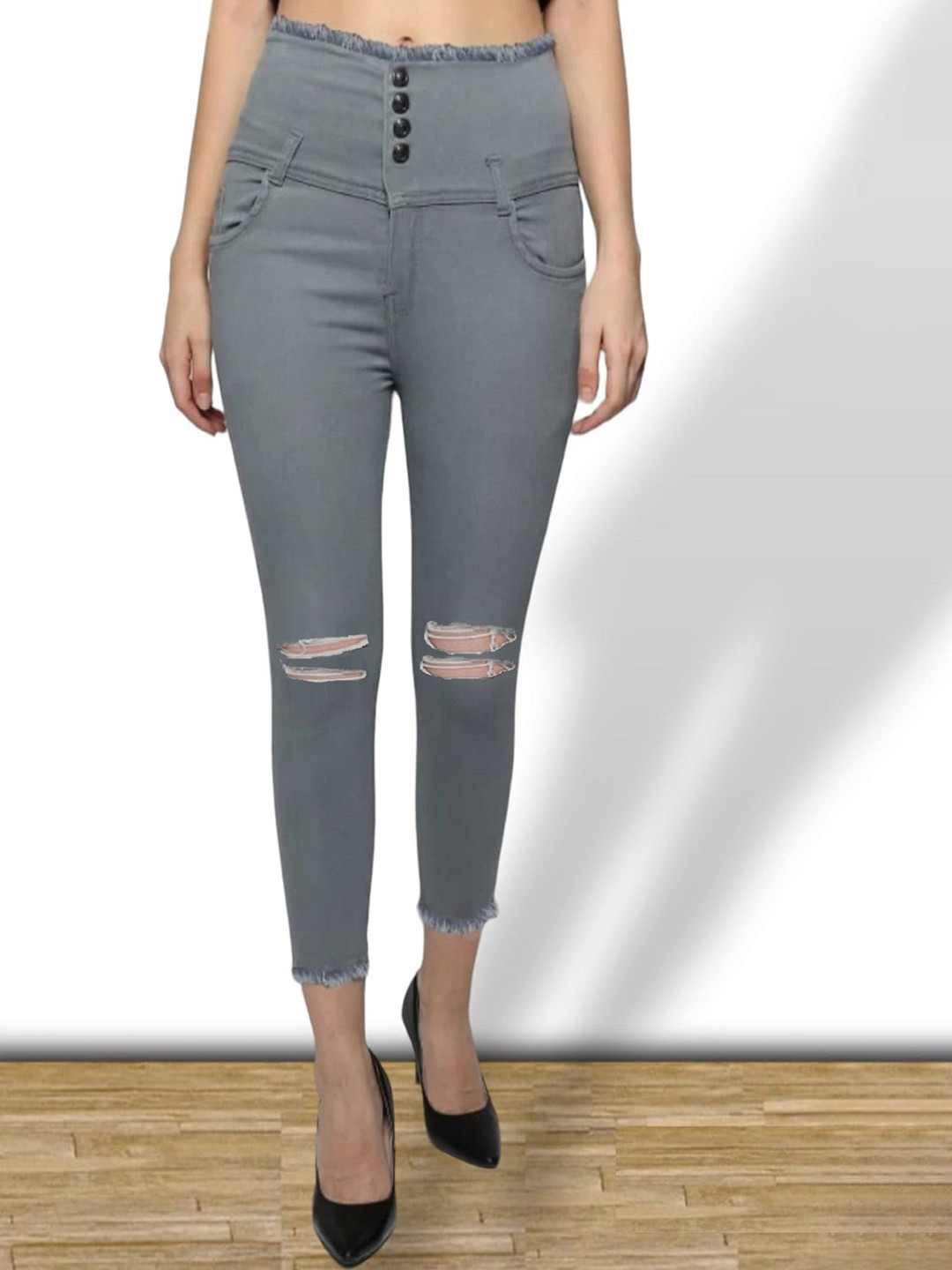 

Perfect Outlet Women High-Rise Slash Knee Stretchable Jeans, Grey