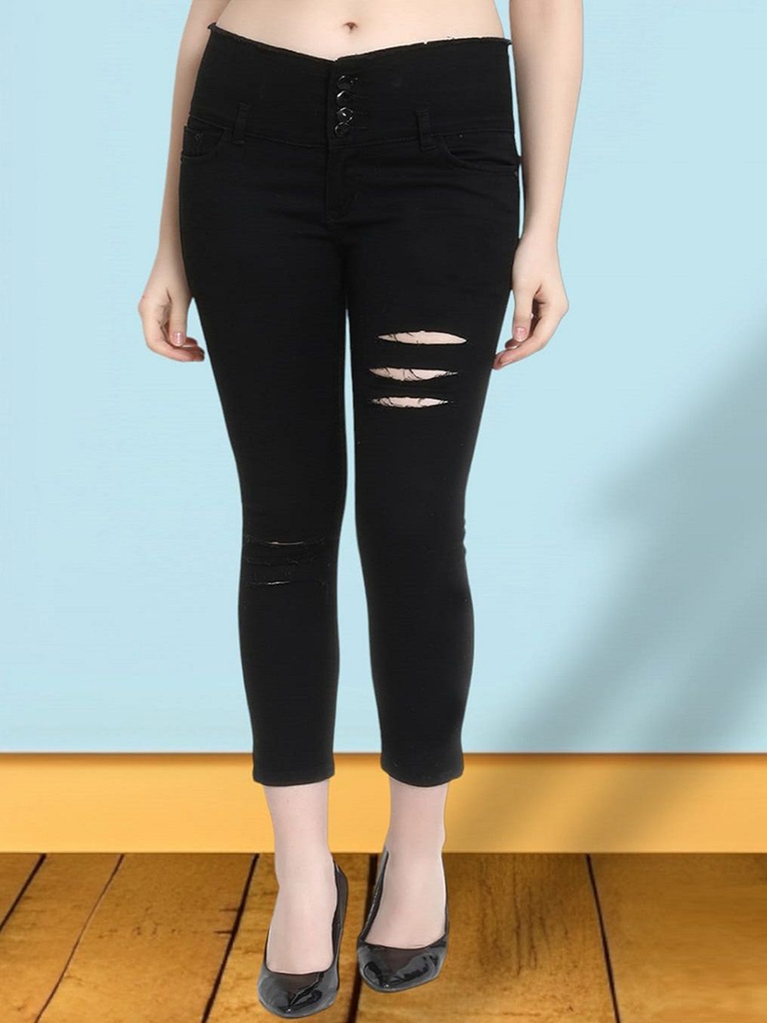 

Perfect Outlet Women High-Rise Mildly Distressed Stretchable Jeans, Black