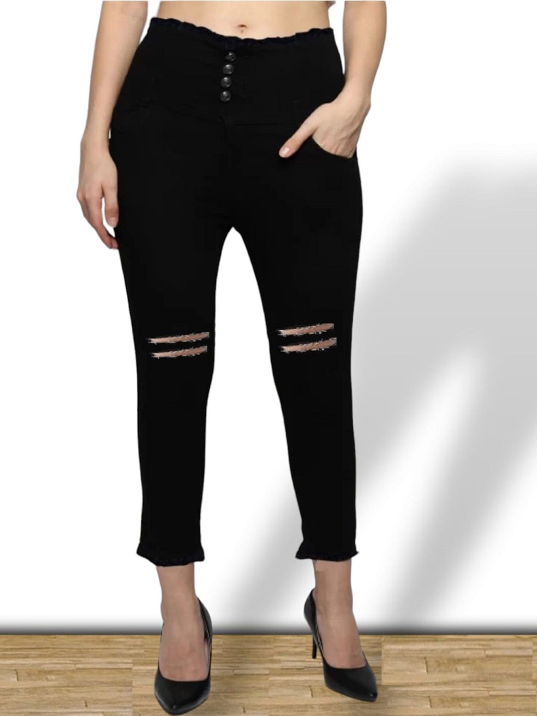 

Perfect Outlet Women High-Rise Slim Fit Slash Knee Stretchable Jeans, Black