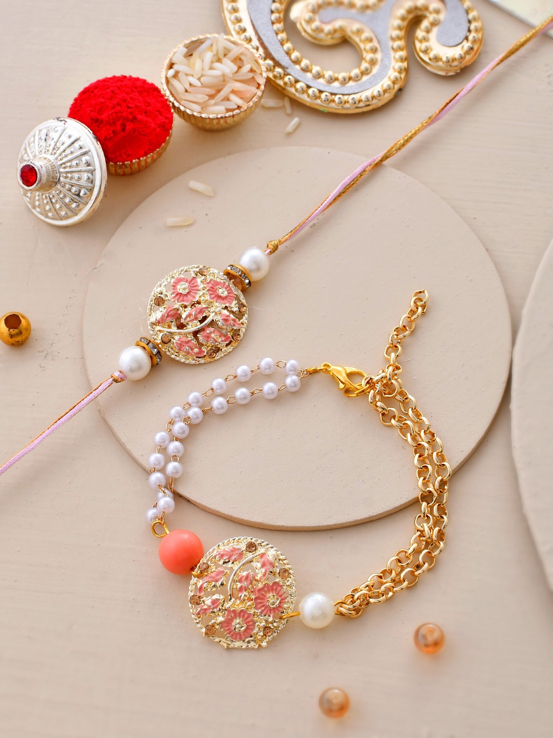 

House of Pataudi Bhaiya Bhabhi Rakhi With Greeting Card & Roli Chawal, Pink