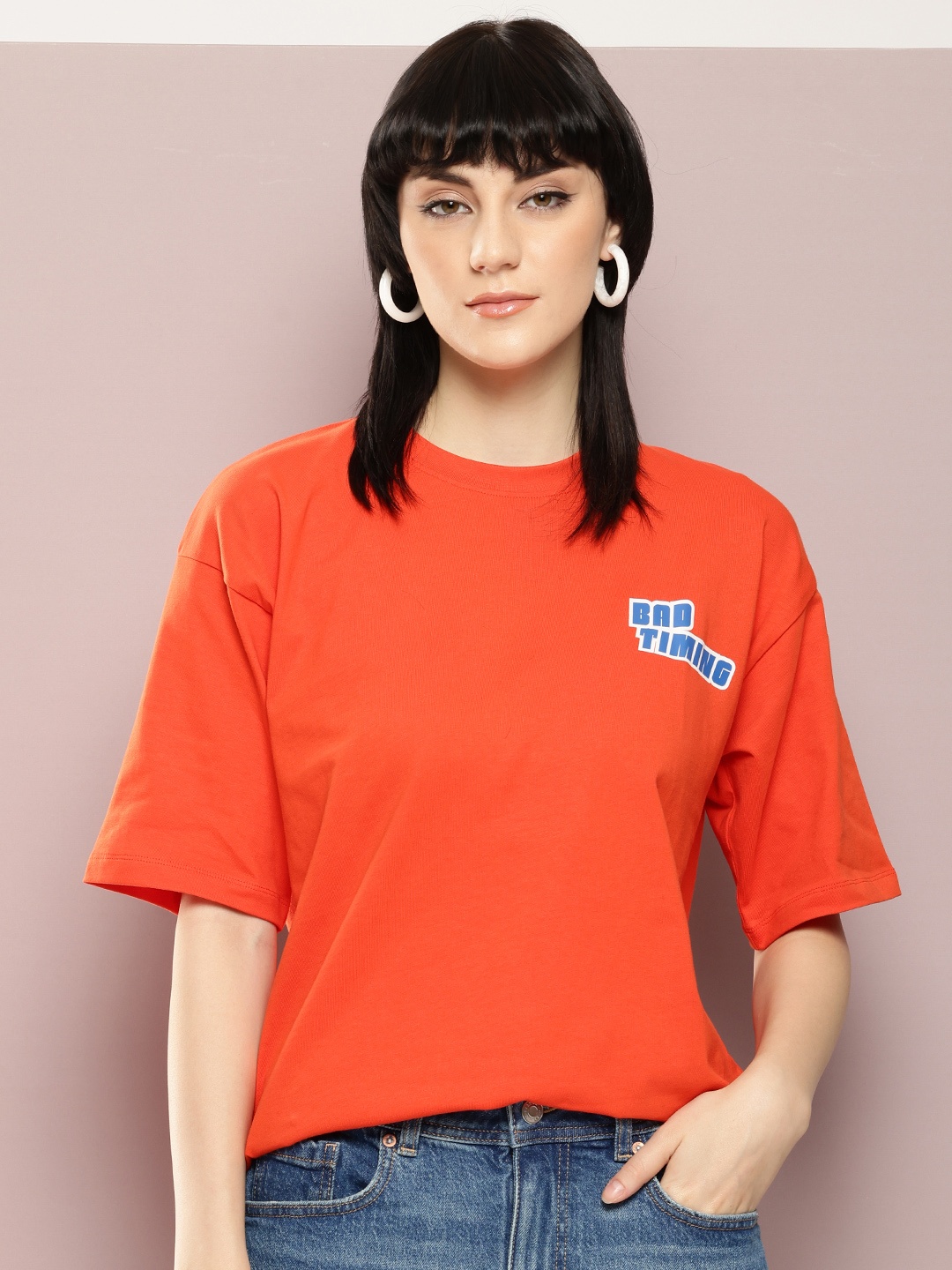 

Kook N Keech Printed Drop-Shoulder Sleeves Oversized Pure Cotton T-shirt, Orange