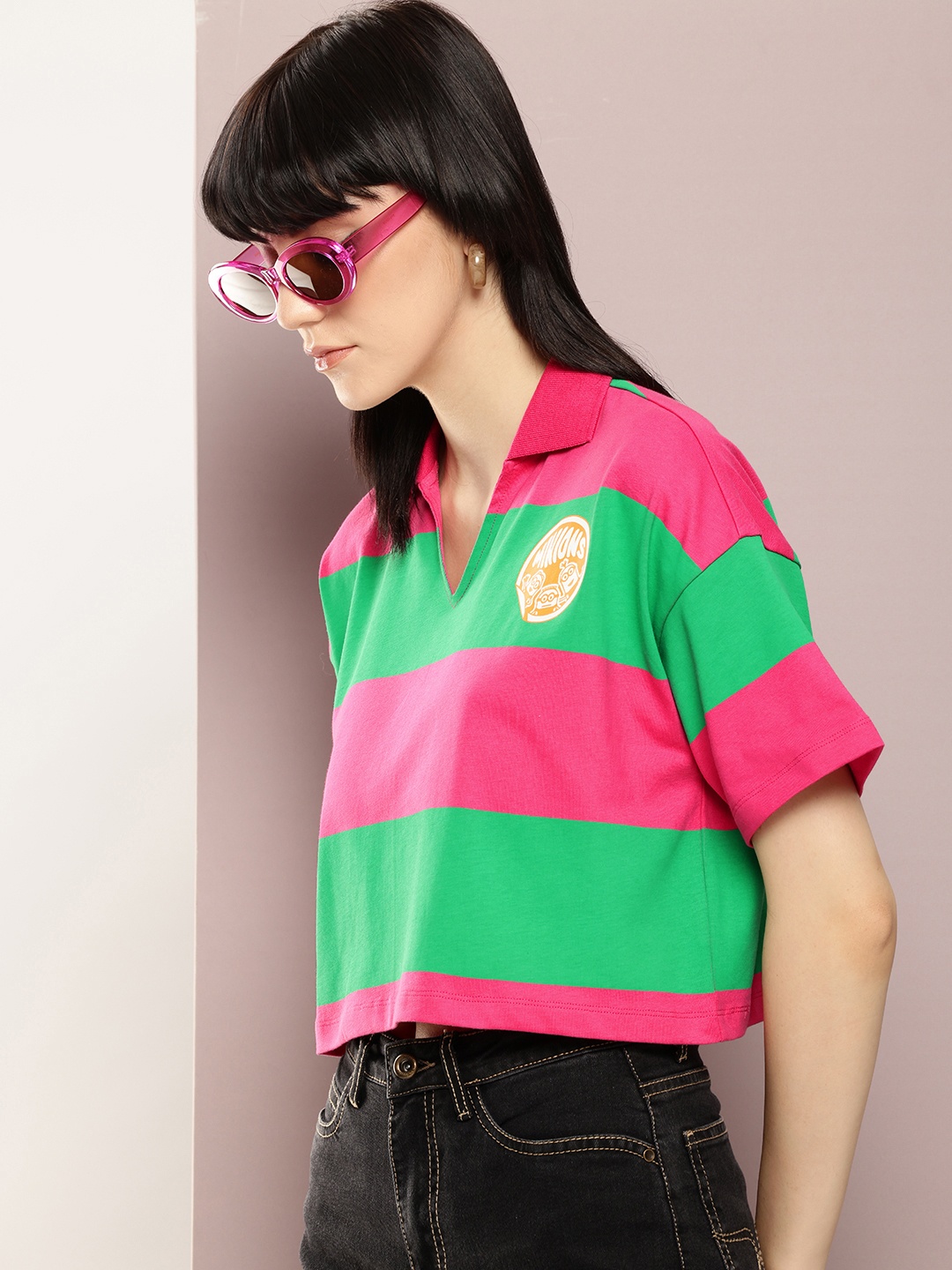 

Kook N Keech Minions Striped Polo Collar Drop-Shoulder Sleeves Pure Cotton Boxy T-shirt, Pink