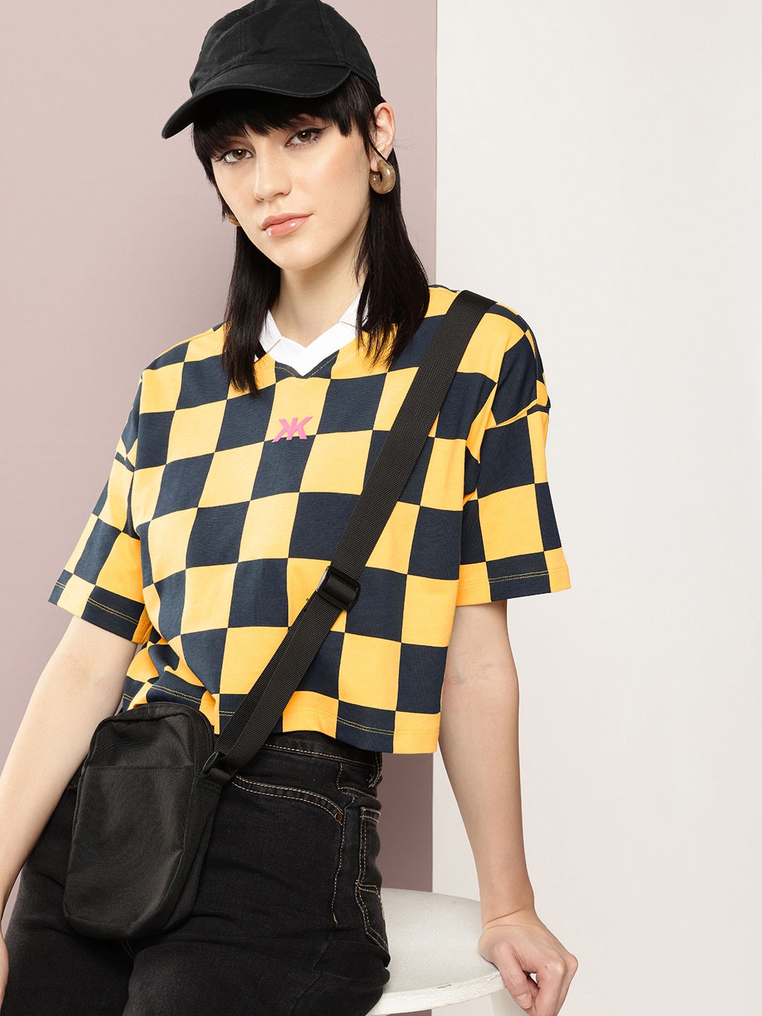 

Kook N Keech Checked Polo Collar Drop-Shoulder Sleeves Pure Cotton Boxy T-shirt, Yellow