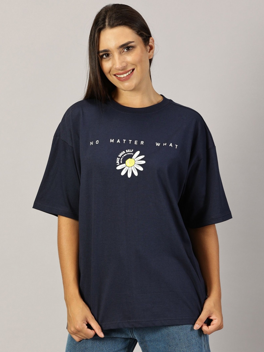 THE HOLLANDER Women Graphic Printed Neck Cotton Oversized T-Shirt, Blue