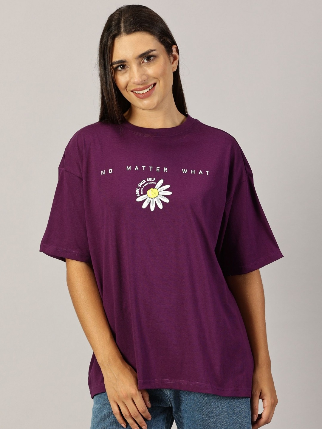 

THE HOLLANDER Women Graphic Printed Neck Cotton Oversized T-Shirt, Purple