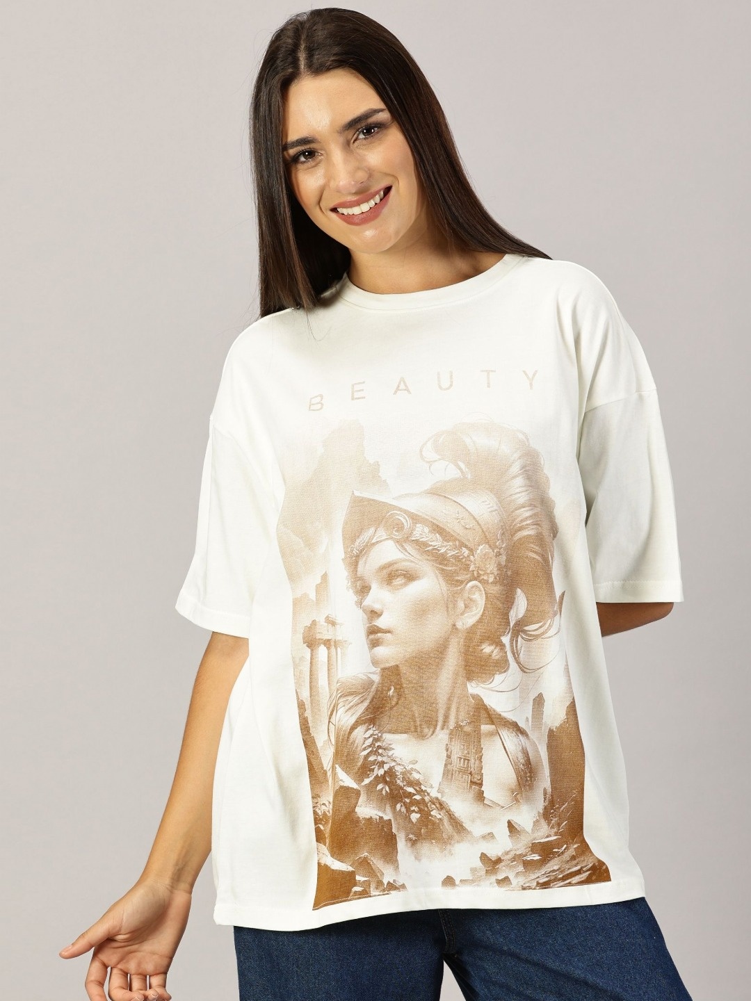 

THE HOLLANDER Women Graphic Printed Round Neck Cotton Oversized T-Shirt, Off white