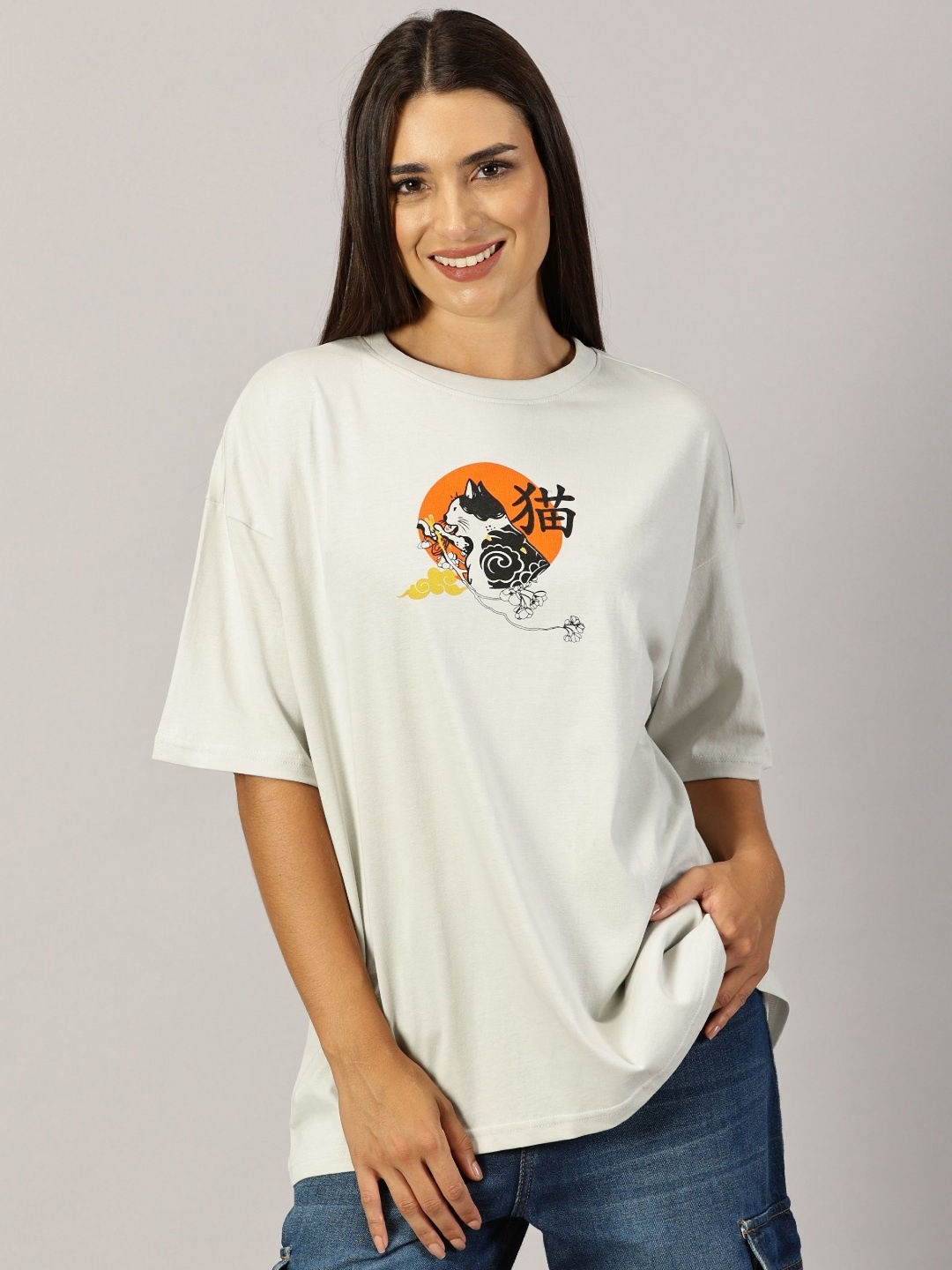 

THE HOLLANDER Women Graphic Printed Round Neck Cotton Oversized T-Shirt, Blue