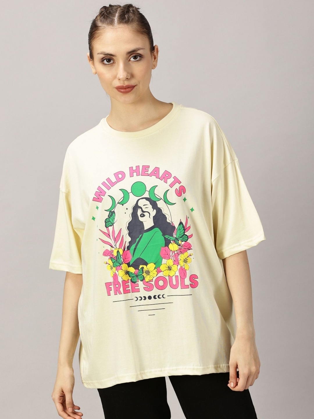 

THE HOLLANDER Women Graphic Printed Round Neck Cotton Oversized T-Shirt, Yellow