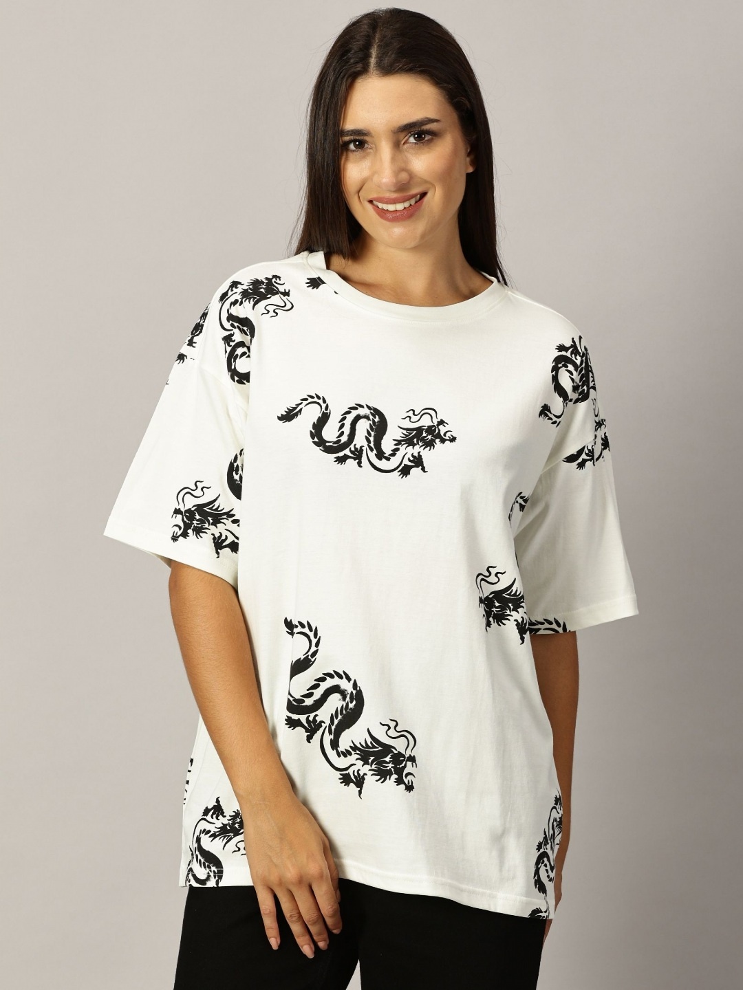 

THE HOLLANDER Women Graphic Printed Round Neck Cotton Oversized T-Shirt, White