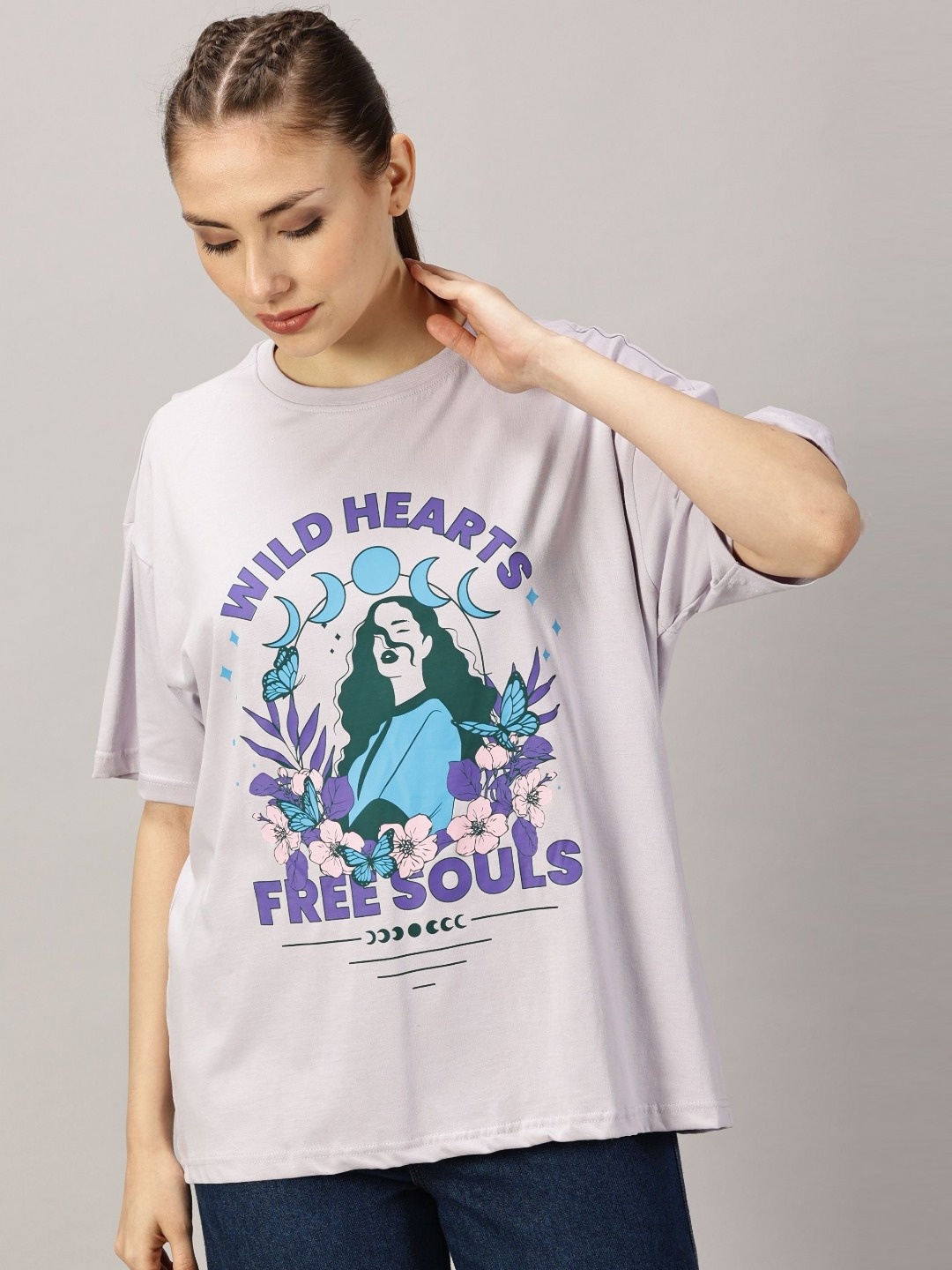 

THE HOLLANDER Women Graphic Printed Round Neck Cotton Oversized T-Shirt, Purple