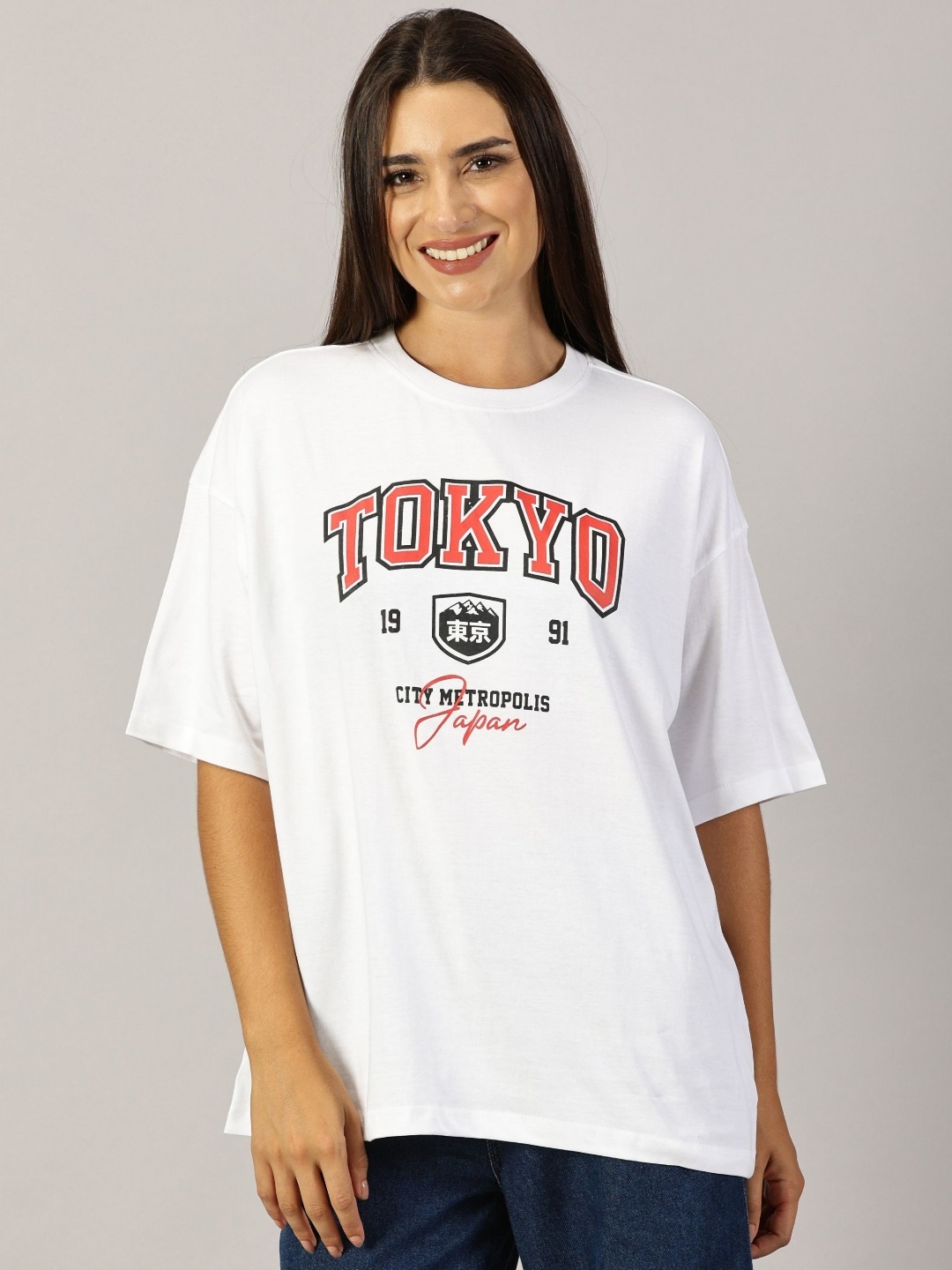 

THE HOLLANDER Women Typography Printed Round Neck Cotton Oversized T-Shirt, White
